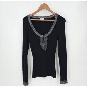 Y2k Cache Ribbed Knit Top Sweater Women Size M Black Silver Metallic Lace Detail